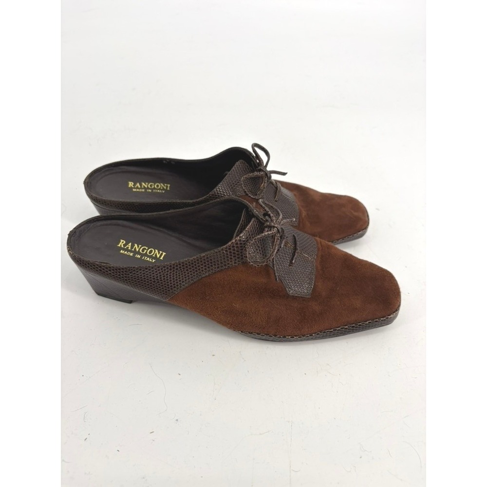 Rangoni Mules 6B Brown Suede Snakeskin Embossed Wedge Made in Italy Old Money